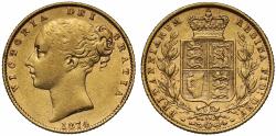 World Coins - Victoria 1874 Sovereign, shield reverse, die number 33, XF45