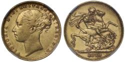 World Coins - Victoria 1879 Sovereign, St George London AU53, very low mintage