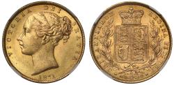 World Coins - Victoria 1871 shield Sovereign, die 28, NGC MS63