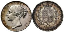 World Coins - Victoria 1845 Crown, young head, edge year VIII, cinquefoil stops