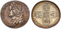 World Coins - George II 1745 LIMA Shilling, older head, made from captured silver NGC AU58