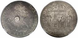 World Coins - George III oval countermark on Chile 1793-DA 8-Reales, NGC XF45