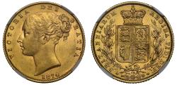 World Coins - Victoria 1874 shield Sovereign, die number 32, NGC AU58