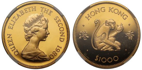 World Coins - PF68 UCAM | Hong Kong, gold Proof $1000, 1980 - Lunar Year of the Monkey