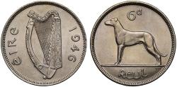 World Coins - Ireland Republic, 1946 Sixpence, Irish Wolfhound MS64