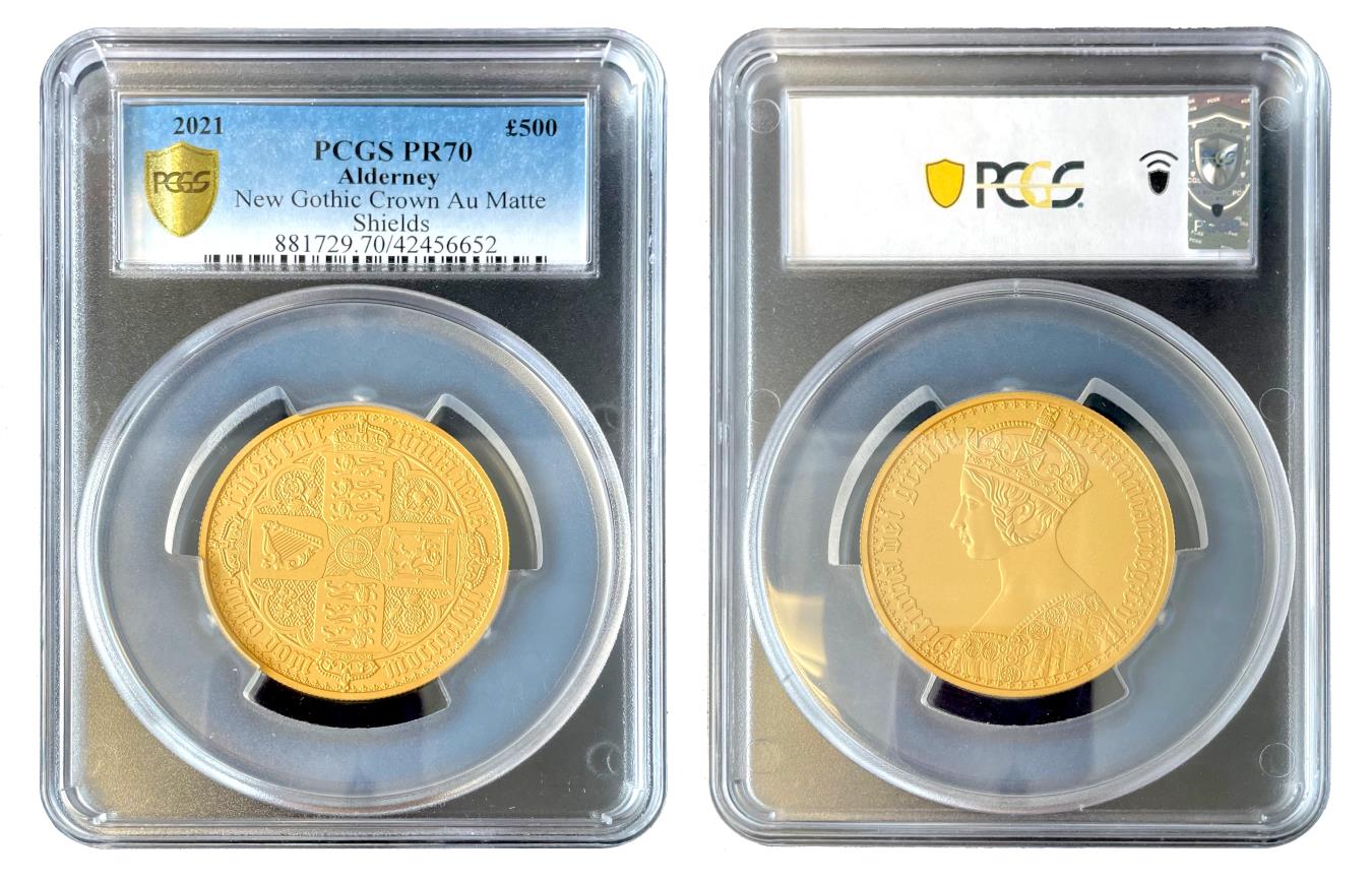 Alderney QEII 2021 PR70 gold 5oz Gothic Crown Matt Proof QA, ERROR