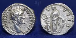Ancient Coins - Roman Empire. Antoninus Pius AR Denarius. Rome, AD 148-149, 2.88gm, EF