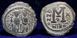 Ancient Coins - Byzantine Empire, Justin II AD 565-572. AE Follis, struck AD 574 / 575. Mint of Nicomedia.