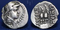 Ancient Coins - Bactria, Eucratides I. 171-135 BC. AR Obol, 0.45gm, 10mm, EF & R