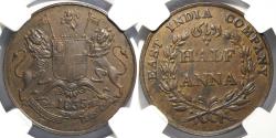 World Coins - British India: East India Company Proof Restrike 1/2 Anna 1835(B), Graded by NGC AU 55 BN.