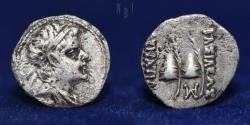 Ancient Coins - Eukratides (Eucratides) AR obol, bare-headed type. 171-145 BCE, 0.70gm, 11mm, VF