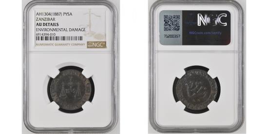 World Coins - ZANZIBAR: AH1304(1887) PYSA, Graded by NGC (6914394-010). AU DETAILS