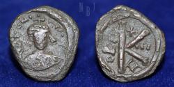 Ancient Coins - Byzantine coin of Maurice Tiberius 582-602 AD, AE half Follis, 3.88gm