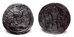 Ancient Coins - SASANIAN EMPIRE. Hormazd II, 303-309 AD. AR Drachm Crowned draped bust / Fire-altar, bust in flames. with attendants. Göbl.83.