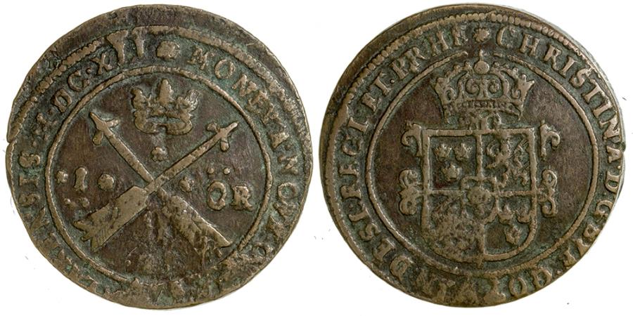 World Coins - Sweden, Queen Christina.  1 ore 1641.  Rare Date.