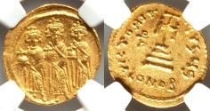 Ancient Coins - Heraclius (AD 610-641), with Heraclius Constantine and Heraclonas. AV solidus (20mm, 7h). NGC AU.
