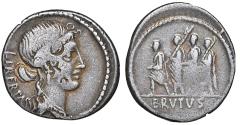 Ancient Coins - Q. Servilius Caepio (M. Junius) Brutus, as Moneyer (54 BC). AR denarius (19mm, 3.64 gm, 8h). NGC Choice Fine 5/5 - 2/5, bankers marks, edge cut.
