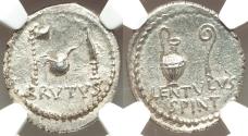 Ancient Coins - Q. Servilius Caepio (M. Junius) Brutus, as Imperator, assassin of Caesar (44-42 BC). NGC MS