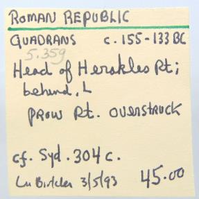 Ancient Coins - Quadrans Overstruck on an As - Roman Republic 211 BC - Pedigree: RBW Collection with ticket
