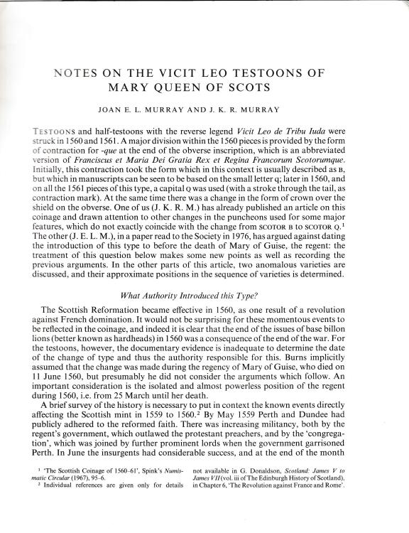 Ancient Coins - Murray J. E. and Murray J. K. R., Notes on the vicit leo testoons of Mary Queen of Scots. Reprinted from "The British Numismatic Journal Vol. L"