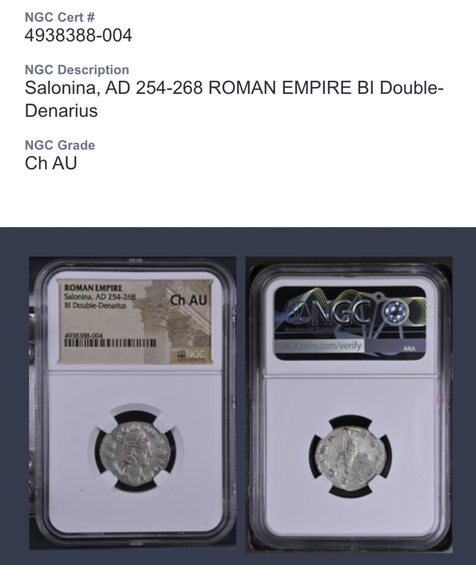 ローマ帝国 サロニヌス AD 258-260 BIダブルデナリウス AU ROMAN EMPIRE: Salonina, AD 254-268, BI Double Denarius, NGC Choice AU