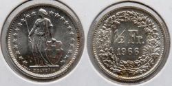World Coins - SWITZERLAND: 1966B 1/2 Franc, KM 23