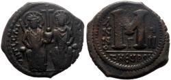Ancient Coins - BYZANTINE: Justin II with Sophia, AD 565-578, AE Follis (30mm, 13.31g), Exceptional Style, Antioch (Theopoulis) Mint