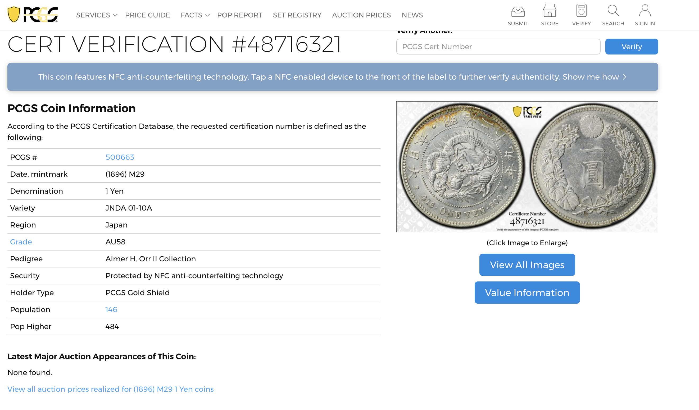 JAPAN: Meiji, 1867-1912, AR Yen, Year 29 (1896), PCGS AU 58, Ex