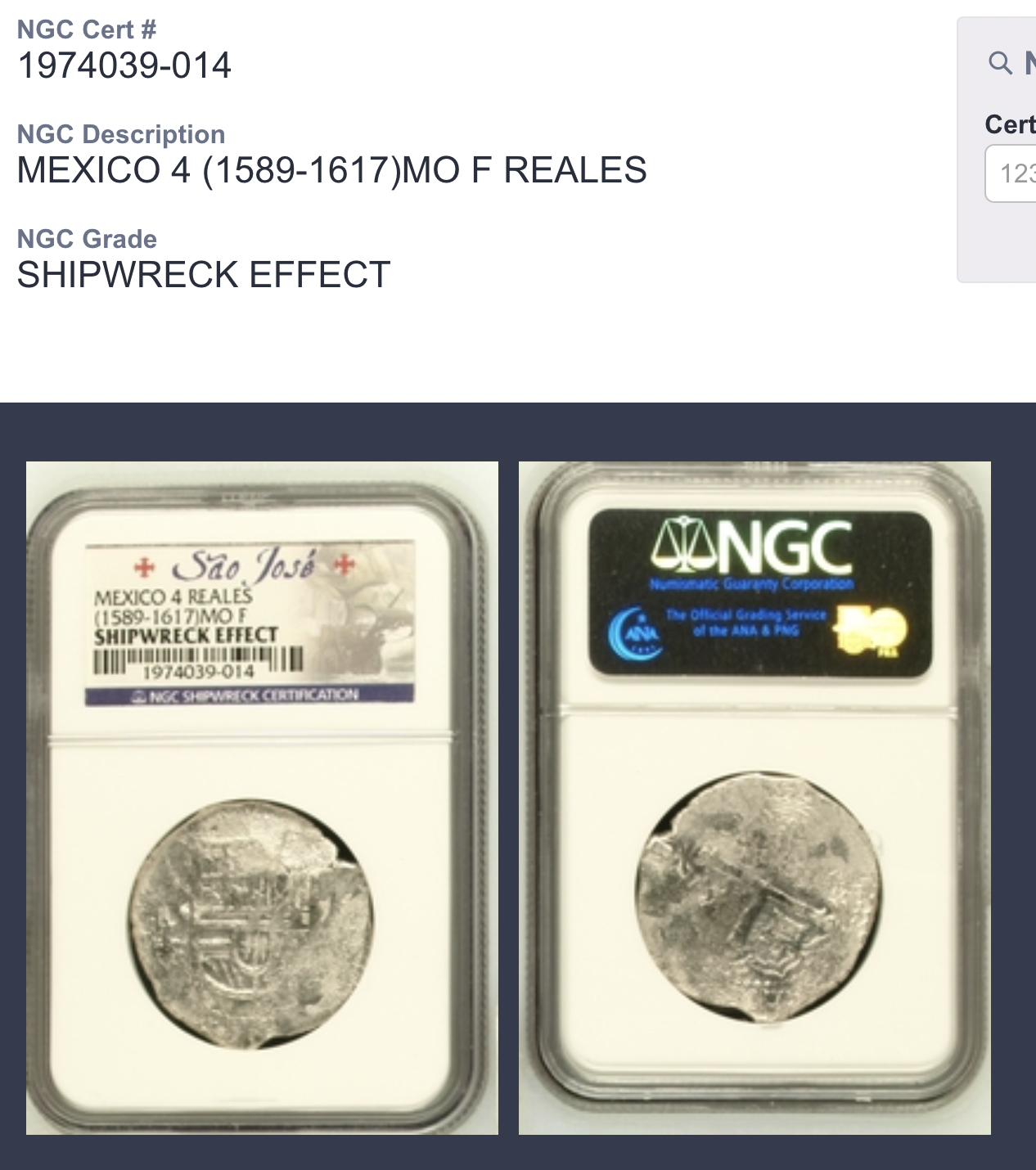 MEXICO: 4 Reales, Sao Jose Shipwreck, 1589-1617 MO F, NGC