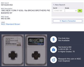 US Coins - CIVIL WAR TOKEN: 1863 Broas Brothers, NY, NY, NGC 62 BN, F 630L-18a