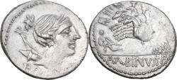 Ancient Coins - ROMAN REPUBLICAN: C. Publicius Malleolus, A. Postumius Sp, f. Albinus and L. Metellus, late 90s BC, AR Denarius (20mm, 3.93g)