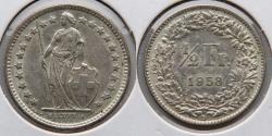 World Coins - SWITZERLAND: 1958B 1/2 Franc, KM 23