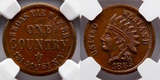 US Coins - CIVIL WAR TOKEN: 1863, Broas Bros, New York, NY. NGC MS63, Only 4 Finer, F-630L-1a