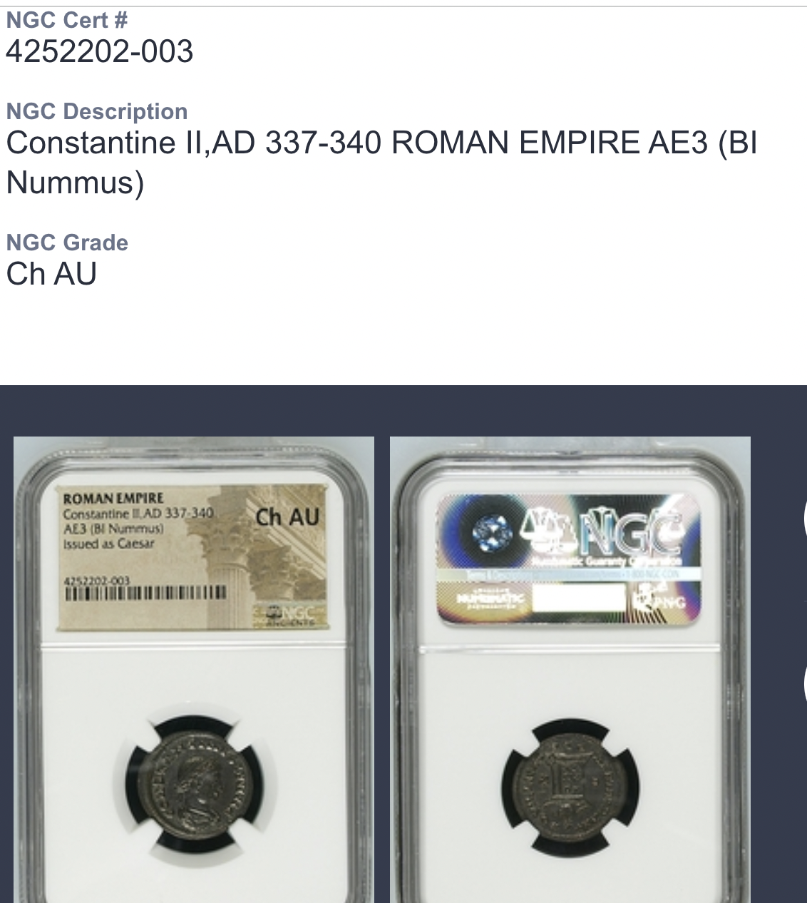 ROMAN EMPIRE: Constantine II, AE3 BI Nummus, AD 337-340, NGC