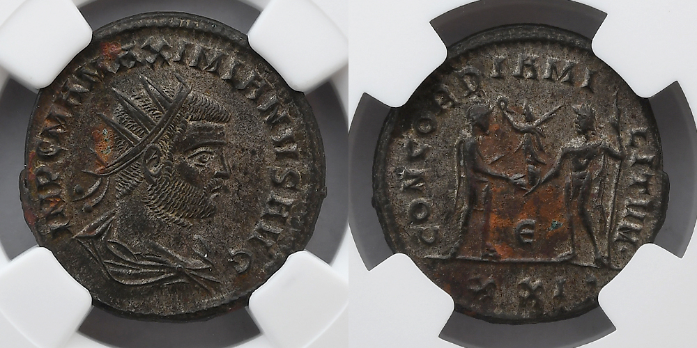ROMAN EMPIRE: Maximian, AD 286-310. BI Aurelianianus, NGC CH AU