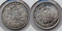 World Coins - GERMANY: 1918 D, Silver 1/2 (Half) Mark