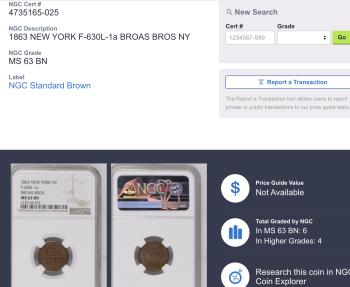 US Coins - CIVIL WAR TOKEN: 1863, Broas Bros, New York, NY. NGC MS63, Only 4 Finer, F-630L-1a