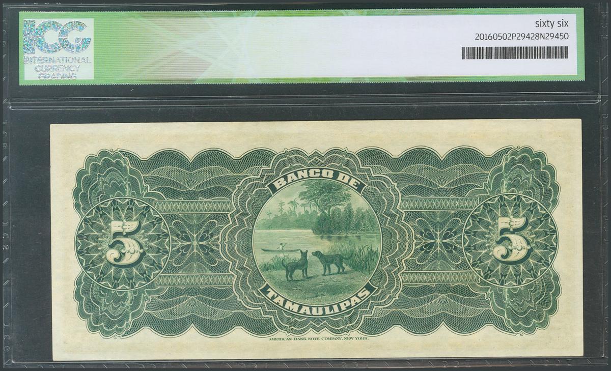 MEXICO. BANK OF TAMAULIPAS. 5 Pesos. 1902-1914. (Pick: s429r