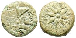 Ancient Coins - MALACA (Málaga). Sextante. (Ae. 1,79g/13mm). 200-20 a.C. (FAB-1744). Anv: Cabeza de Vulcano a derecha, detrás leyenda púnica tipo A. Rev: Estrella de ocho rayos. MBC.
