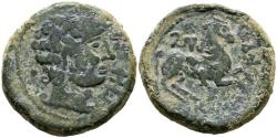 Ancient Coins - OILAUNICOS (Zona norte del Ebro). As. (Ae. 14,52g/27mm). 120-20 a.C. (FAB-1861). Anv: Cabeza masculina a derecha, detrás punto, delante letras ibéricas: SOS. Rev: Jinete con ganch