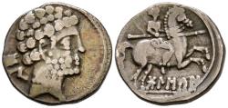 Ancient Coins - BOLSCAN (Huesca). Denario. (Ar. 4,05g/19mm). 180-20 a.C. (FAB-1911). Anv: Cabeza masculina barbada a derecha, detrás letras ibéricas: BoN. Rev: Jinete con lanza a derecha, debajo