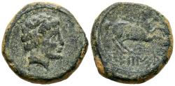 Ancient Coins - SECAISA (Segeda, Zaragoza). Semis. (Ae. 5,38g/19mm). 120-20 a.C. (FAB-2146). Anv: Cabeza masculina a derecha. Rev: Caballo a derecha, debajo leyenda ibérica bajo línea: SECaISA. M