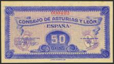 World Coins - 50 Céntimos. 1937. Asturias y León. Sin serie y numeración baja (Nº000403). (Edifil 2023: 396). Muy raro en esta calidad, apresto original. SC-.