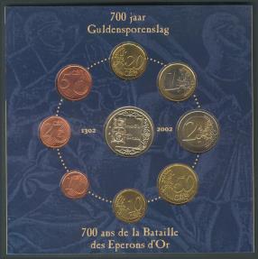 World Coins - BELGICA. Set-Cartera compuesta por 8 Valores de 2 Euros y divisores en niquel y cobre   y 1 medalla de plata. 2002. 700 Aniversario de la Bataille des Eperons d´Or. 1302-2002. PRO