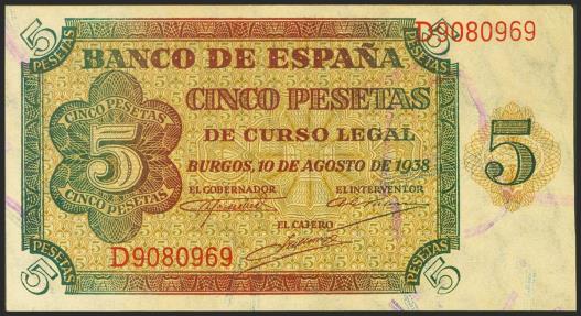 World Coins - 5 Pesetas. 10 de Agosto de 1938. Serie D. (Edifil 2021: 435a). Apresto original. SC.