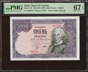 World Coins - 5000 Pesetas. 6 de Febrero de 1976. Sin serie y numeración bajísima (Nº000703). (Edifil 2023: 475, Pick: 155). Raro, especialmente en esta excepcional calidad. SC. Encapsulado PMG