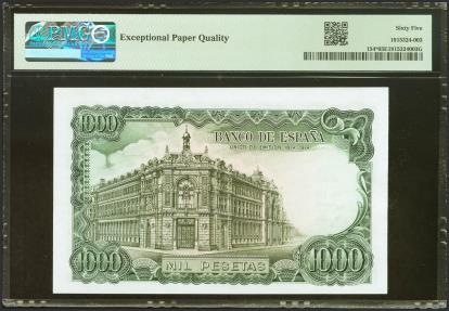 World Coins - 1000 Pesetas. 17 de Septiembre de 1971. Serie especial 9C. (Edifil 2023: 474d, Pick: 154*). Muy raro en esta excepcional calidad, apresto original. SC. Encapsulado PMG65EPQ.