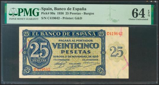 World Coins - 25 Pesetas. 21 de Noviembre de 1936. Serie C. (Edifil 2021: 419a, Pick: 99a). Raro en esta calidad. SC. Encapsulado PMG64EPQ.