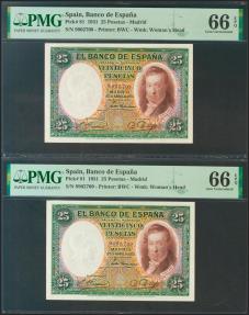 World Coins - 25 Pesetas. 25 de Abril de 1931. Pareja correlativa. Sin serie. (Edifil 2021: 358, Pick: 81). Muy rara en esta calidad y con apresto original. SC. Encapsulado PMG66EPQ, ambos.