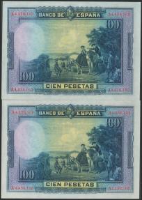 World Coins - 100 Pesetas. 15 de Agosto de 1928. Pareja correlativa. Serie A. (Edifil 2017: 355a). Conserva todo su apresto original. EBC+.